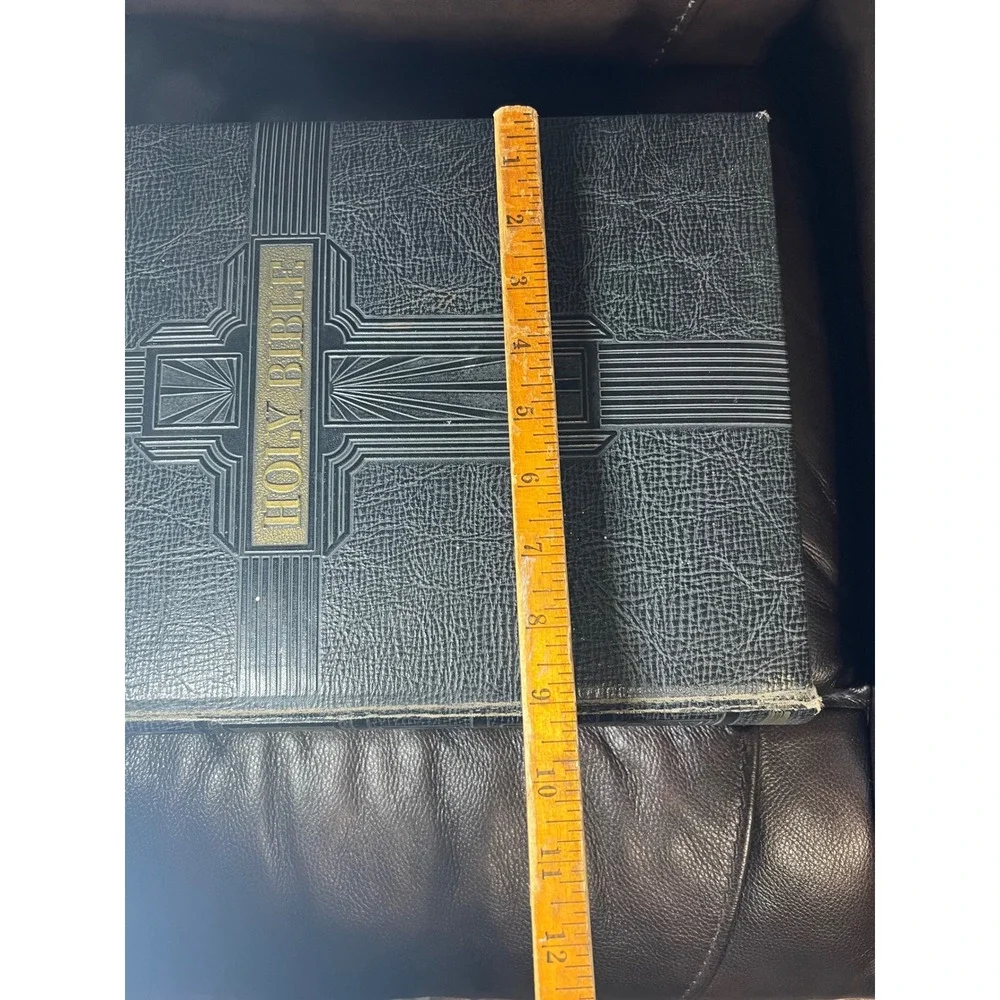 VTG Large Holy Bible Original Tongues Family Embossed Art Deco Cross Gold Trim